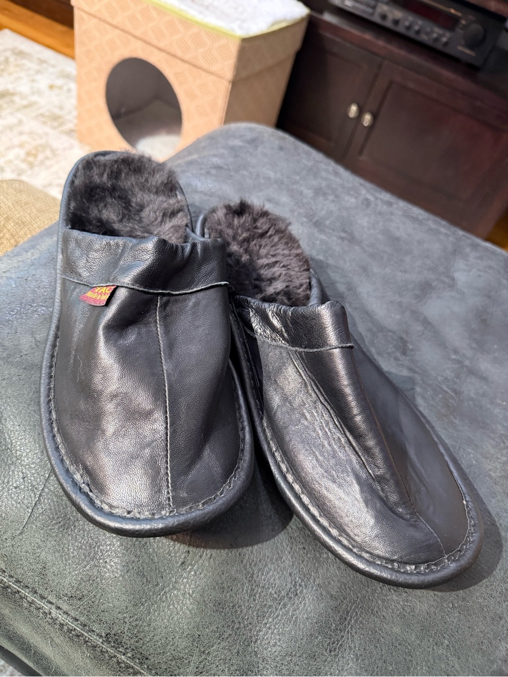 Women's Black Faux Leather Fur-Lined Slippers - 44